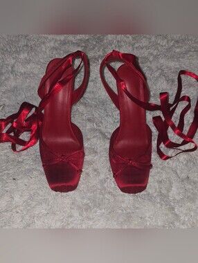 SHEIN Red Satin Square-Toe Lace-Up Heeled Sandals